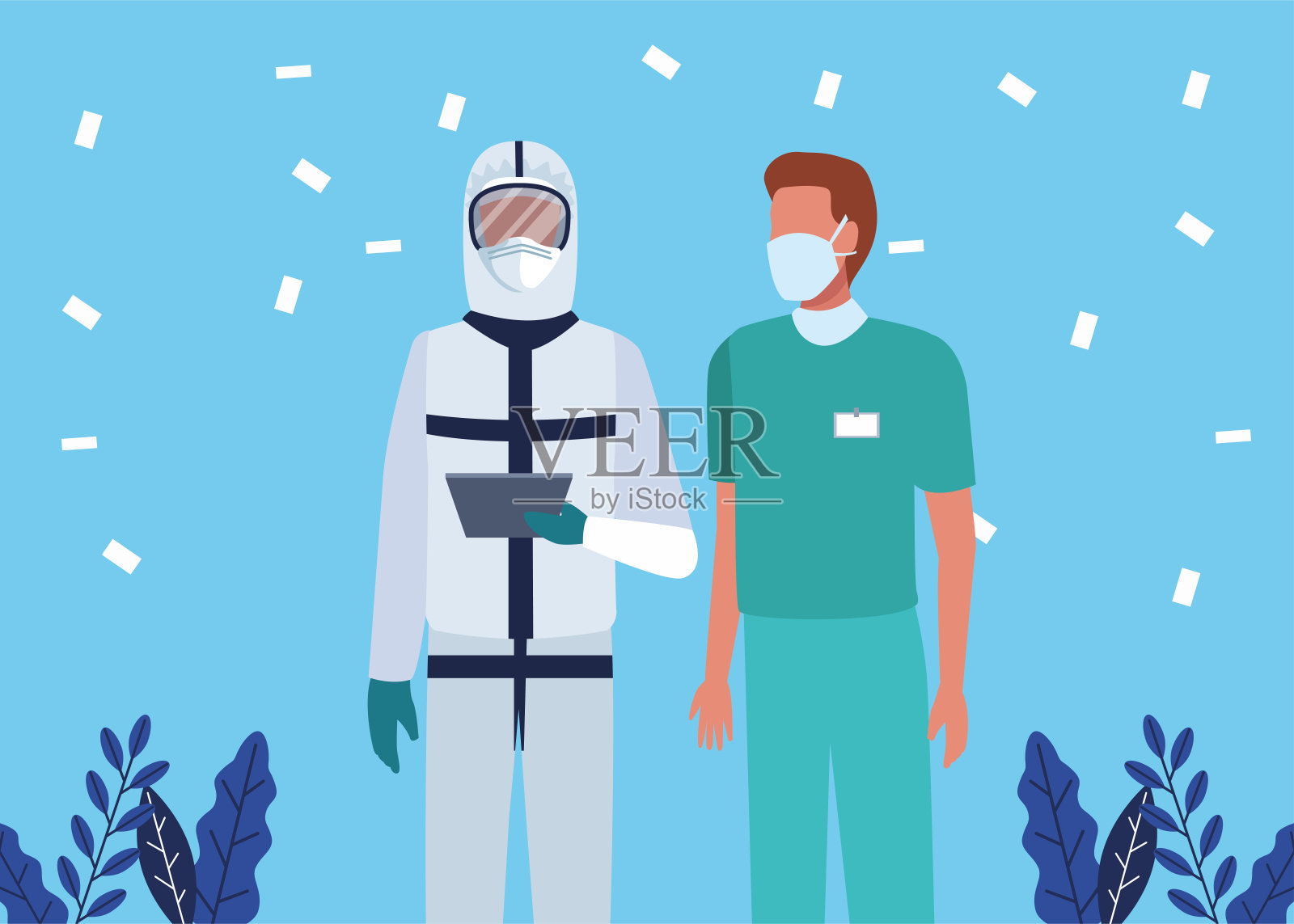 一群戴着医用口罩的医生插画图片素材