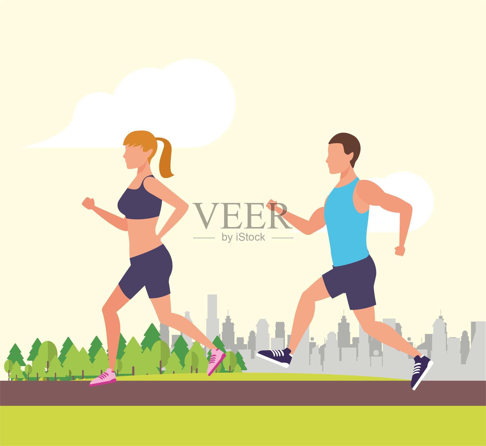 一对年轻的运动员在公园里跑步插画图片素材