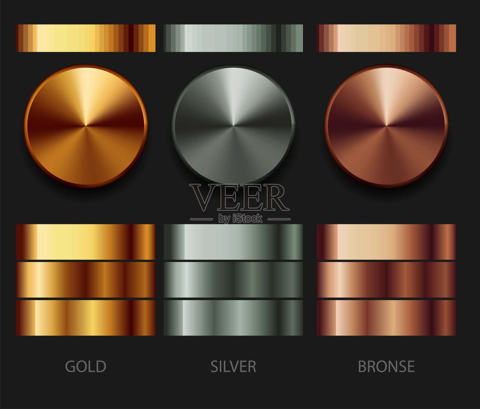 一套金属梯度，金，银和铜。非常现实的例证。插画图片素材