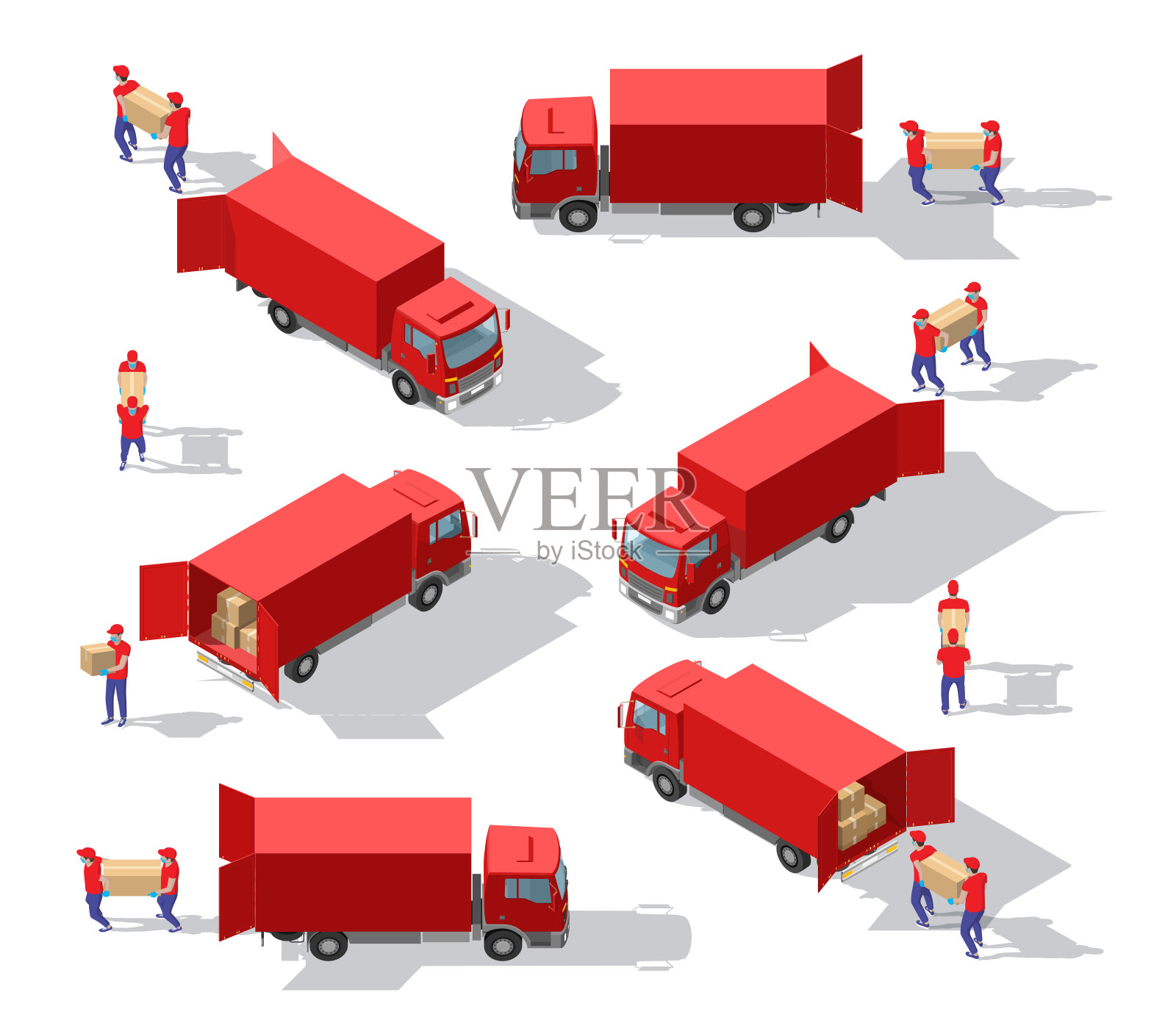 2.5D制服快递员搬运箱子不同姿势合集，含防护面罩。矢量物流服务人员合集。快速货运车。2.5D物流图标插画图片素材
