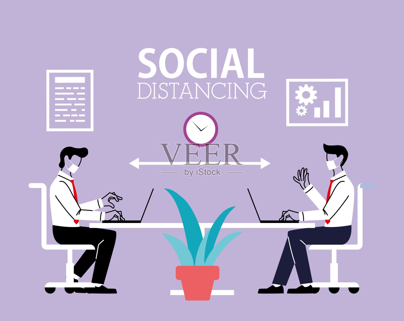 社交距离男士戴口罩办公桌矢量设计插画图片素材