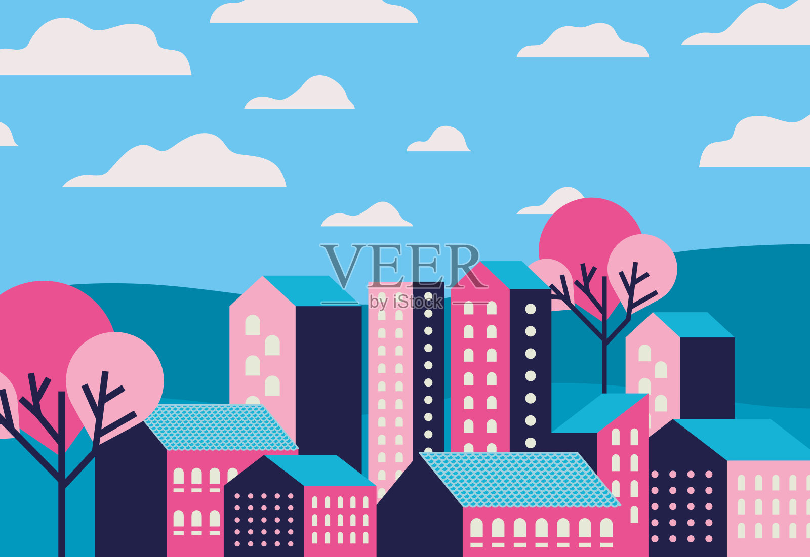 紫色、蓝色和粉红色的城市建筑景观与云和树的设计插画图片素材