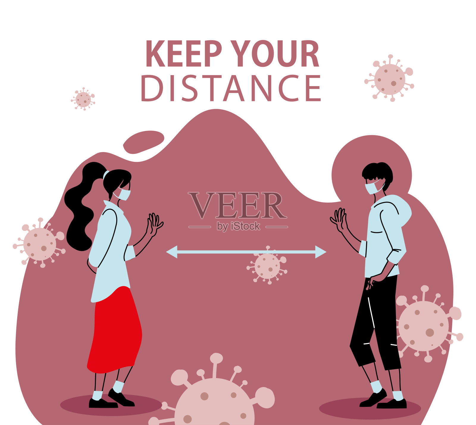 社交距离的女人和男人与面具矢量设计插画图片素材