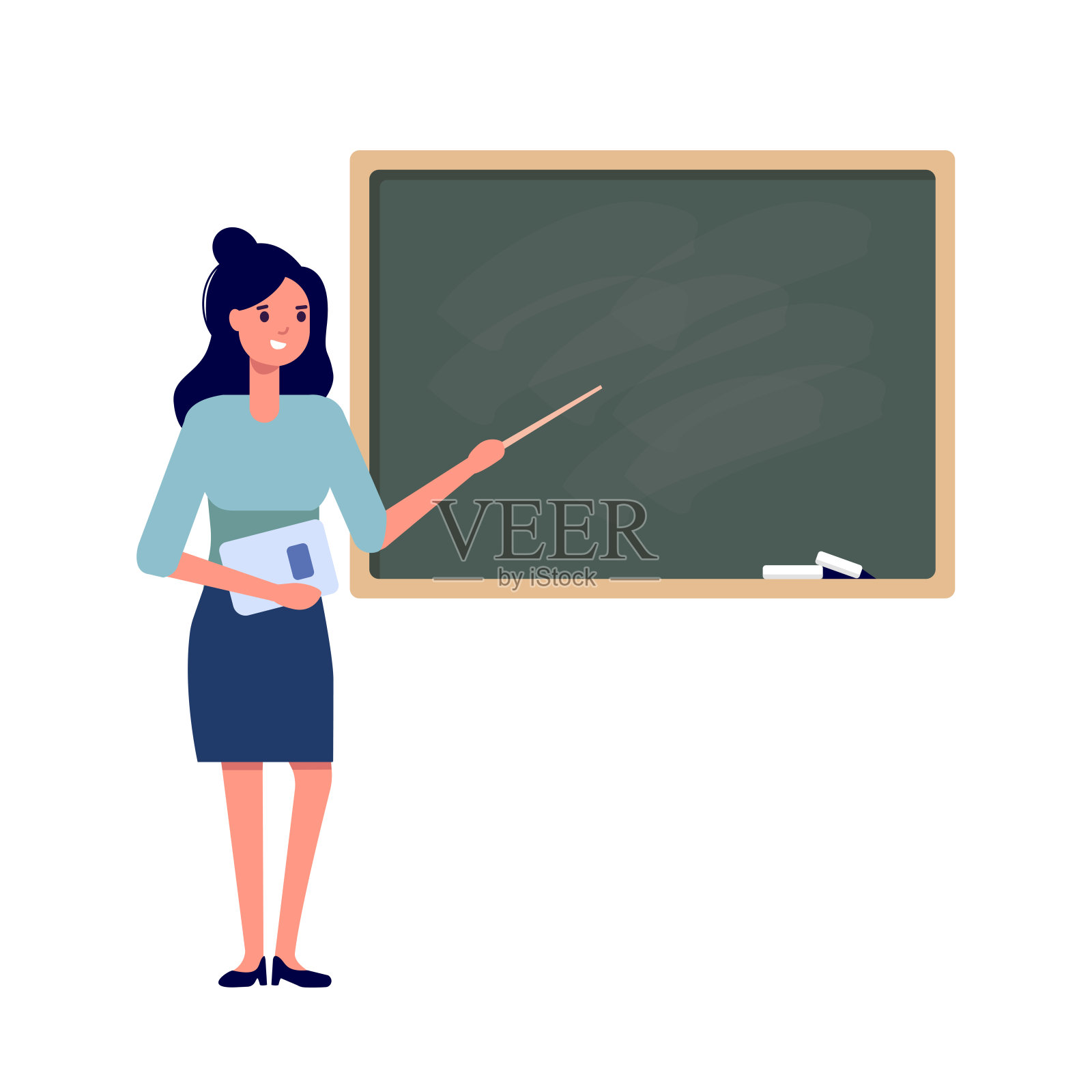 年轻女教师在黑板上讲课，教室孤立在白色的背景上。插画图片素材