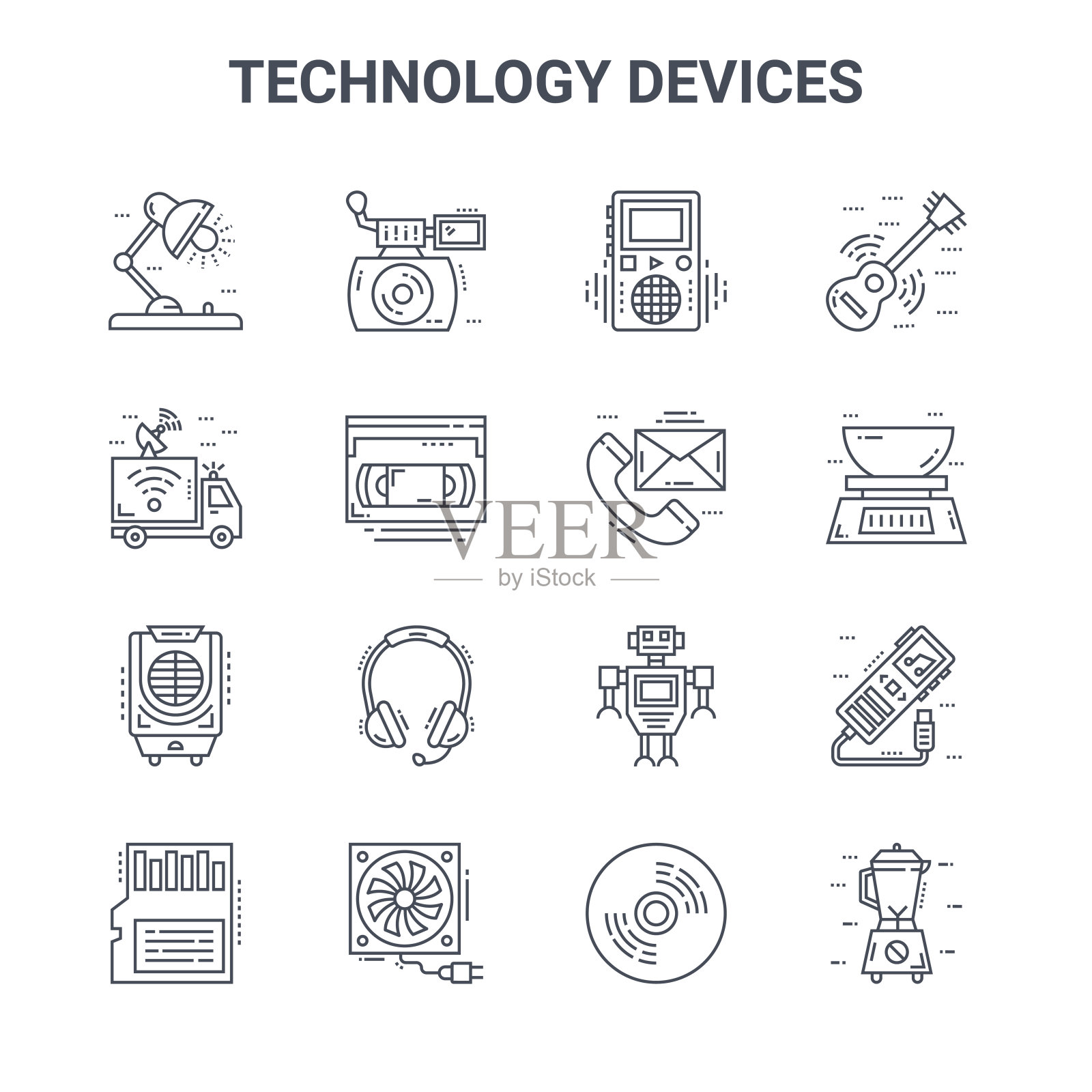 一组16个技术设备概念矢量线图标。64x64细描图标，如即时照相机，广播，厨房秤，机器人，空气冷却器，搅拌机，cd，对话，吉他插画图片素材