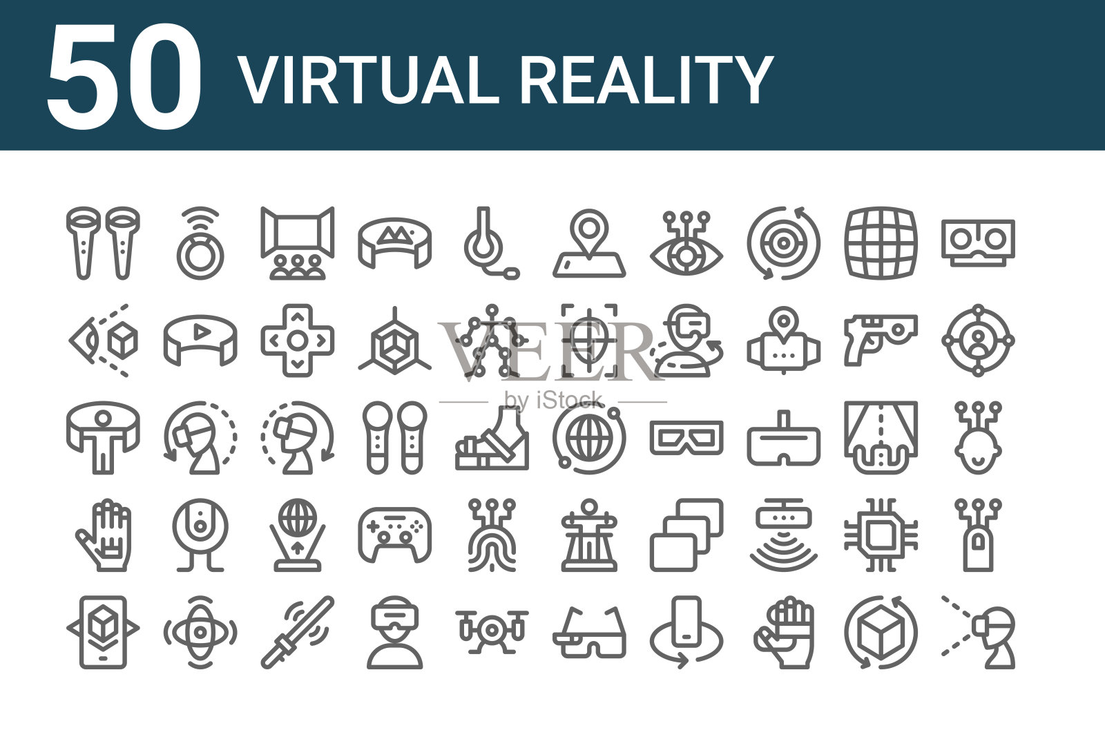 一套50个虚拟现实图标。勾勒细线图标，如虚拟现实眼镜、增强现实、vr、虚拟控制器、全球图标素材