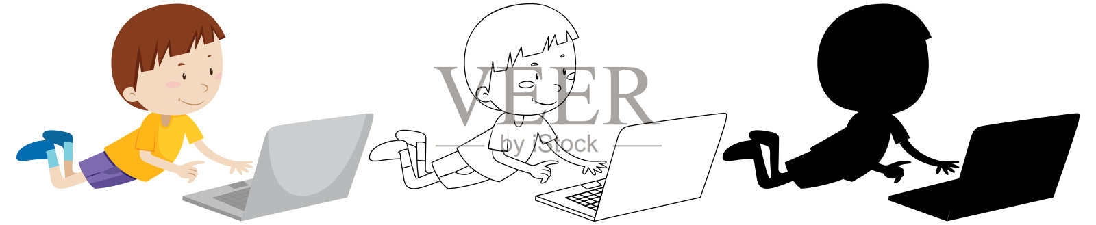 男孩在笔记本上搜索它的轮廓和轮廓设计元素图片