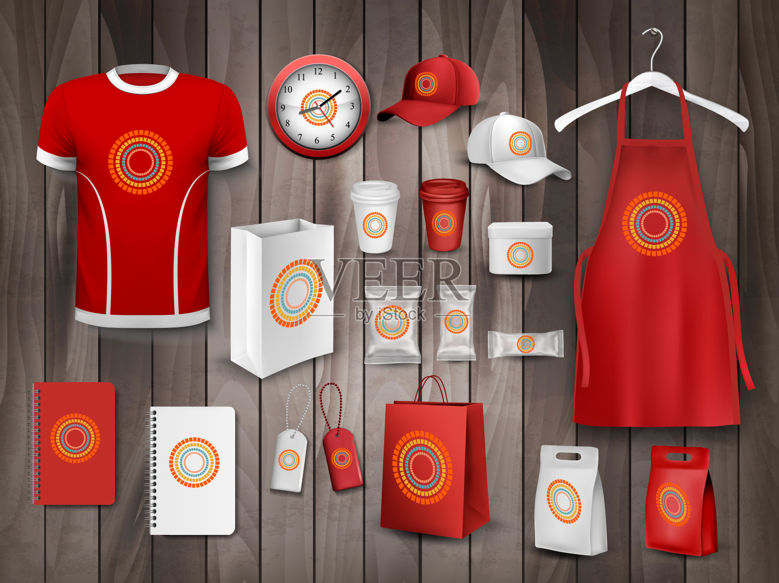企业身份模板集。食品包装模型，纸杯和袋子，制服围裙，t恤和帽子，笔记本和时钟，盒子和标签的商业品牌设计矢量插画图片素材