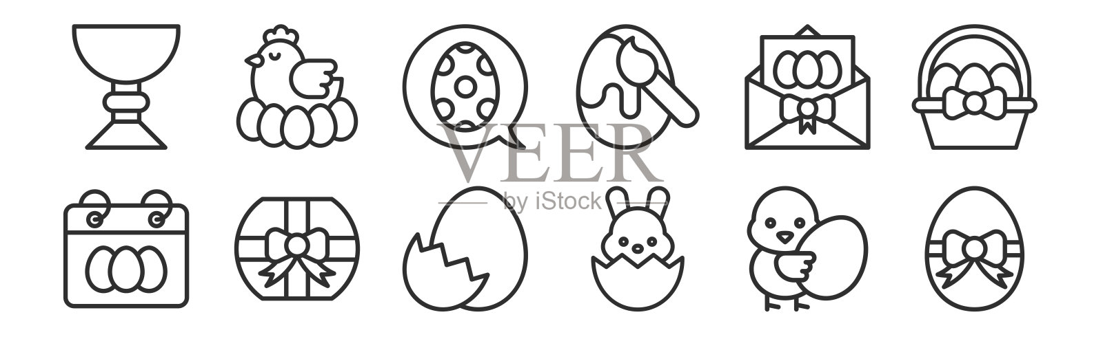 一套12瘦轮廓图标，如复活节蛋，复活节兔子，礼盒，贺卡，短信，母鸡为网络，移动图标素材