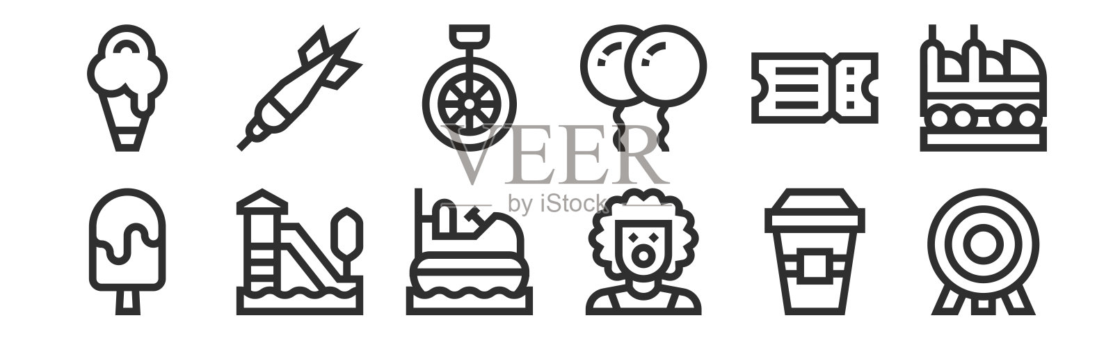 一组12瘦轮廓图标，如飞镖，小丑，过山车，票，独轮车，网络，移动飞镖图标素材