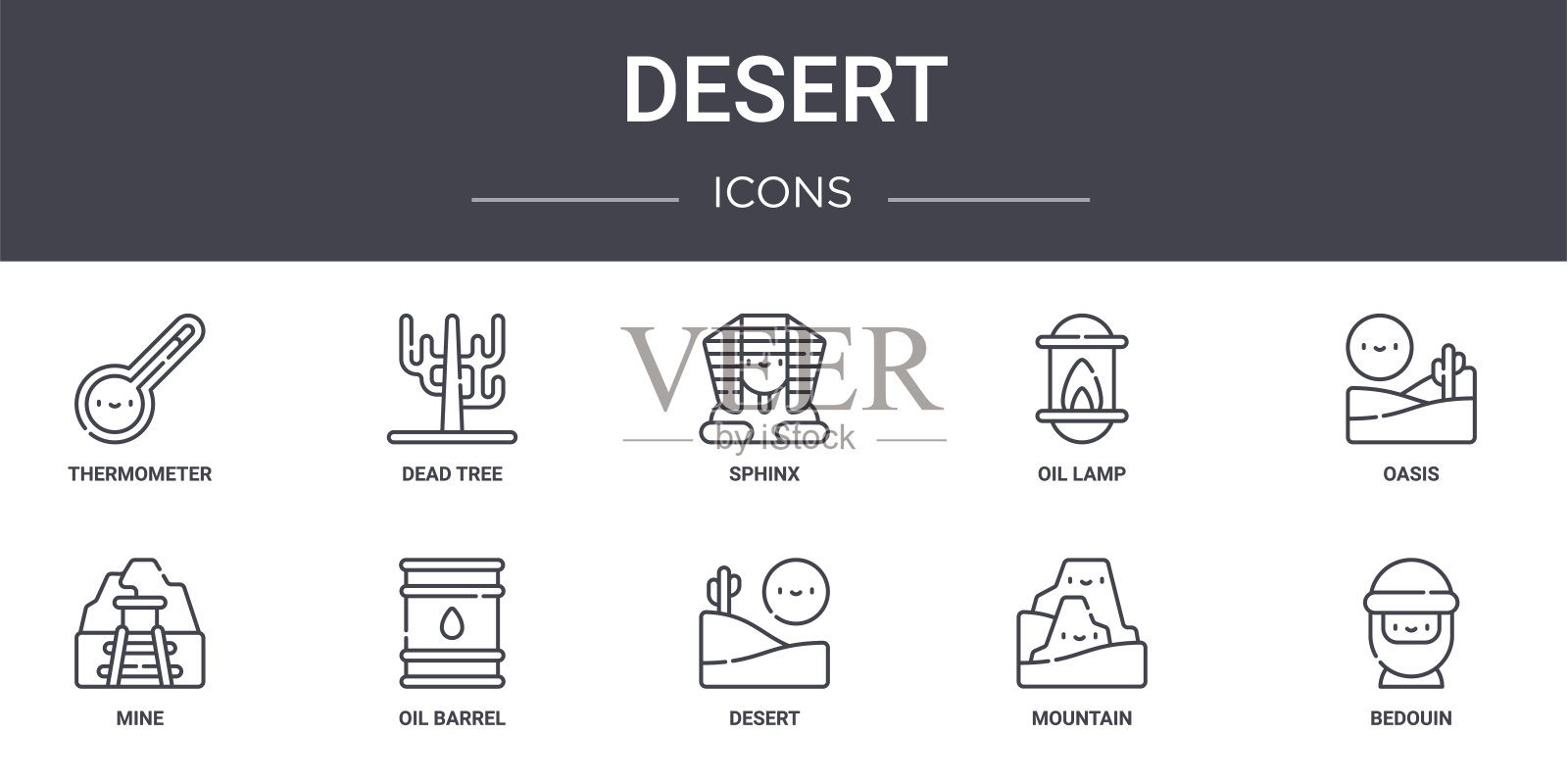 沙漠概念线图标集。包含图标可用的web，标志，ui/ux，如死树，油灯，矿山，沙漠，山，贝都因人，绿洲，狮身人面像图标素材