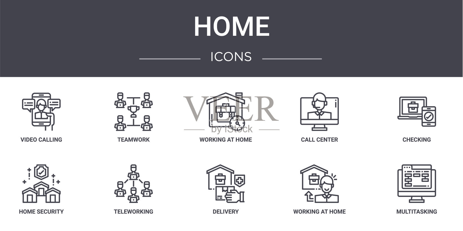 家概念线图标集。包含图标可用的网页，标志，ui/ux，如团队合作，呼叫中心，家庭安全，送货，在家工作，多任务，检查，在工作图标素材