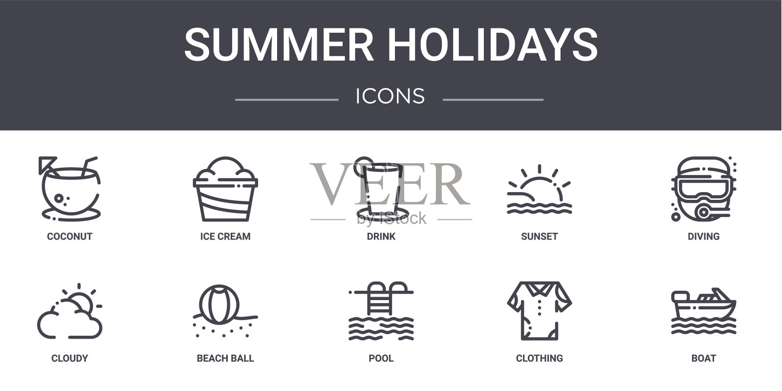 暑假概念线图标集。包含图标，可用于web，徽标，ui/ux，如冰淇淋，日落，阴天，游泳池，衣服，船，潜水，饮料图标素材