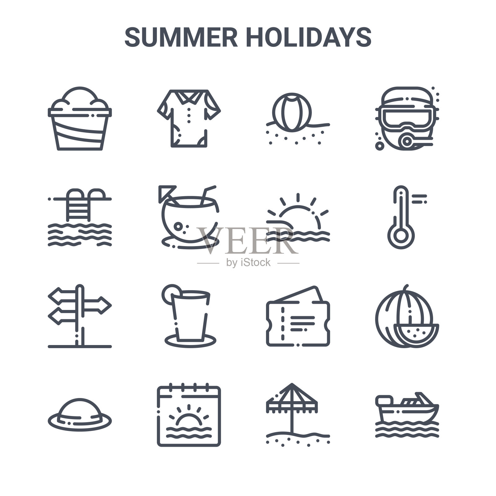 一套16个暑假概念矢量线图标。64 × 64细描图标，如衣服，游泳池，温度，票，日历，船，伞，日落，潜水图标素材