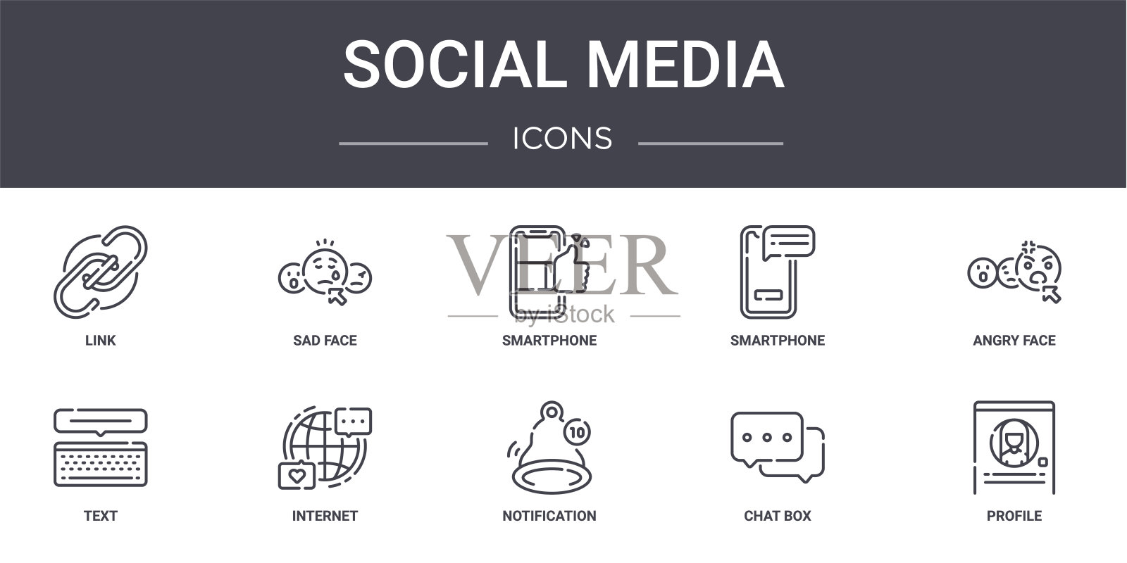 社交媒体概念线图标集。包含图标，可用于web, logo, ui/ux，如悲伤的脸，智能手机，文本，通知，聊天框，个人资料，愤怒的脸，智能手机图标素材