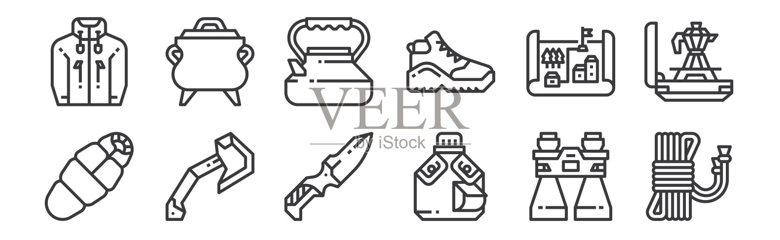 12套线性露营图标。细轮廓图标，如绳子，水瓶，斧头，地图，水壶，壶为网络，移动。插画图片素材