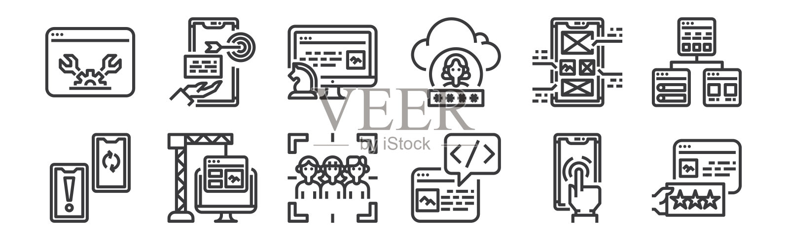 12套线性用户体验图标。细大纲图标，如反馈，代码，开发，布局，内容策略，网页内容，移动。图标素材