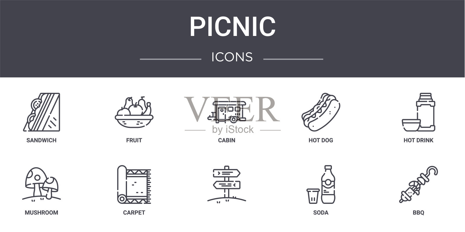 野餐概念线图标集。包含图标，可用于web，徽标，ui/ux，如水果，热狗，蘑菇，汽水，烧烤，热饮，客舱图标素材
