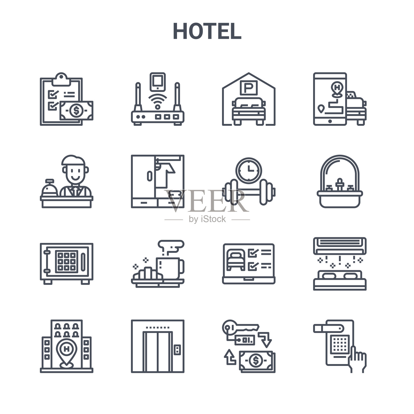 一组16个酒店概念向量线图标。64x64薄笔触路由器、接收器、水槽、笔记本电脑、电梯、手、钥匙、哑铃、智能手机等图标图标素材