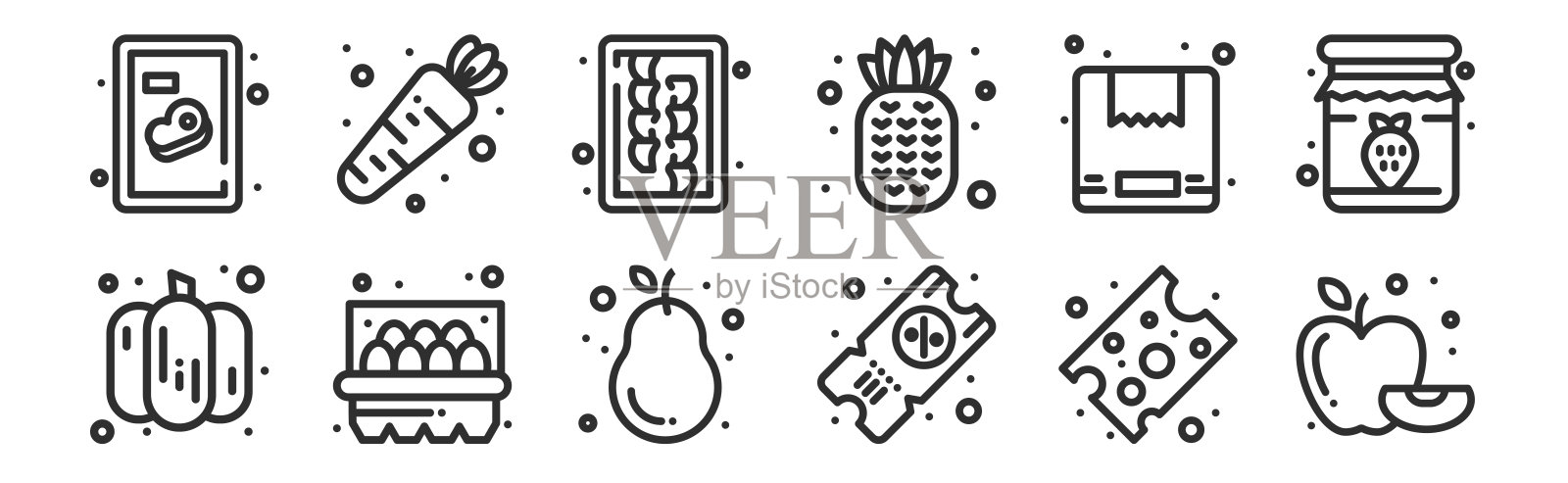 一套12瘦轮廓图标，如苹果，票，鸡蛋，快递盒，菜板，胡萝卜为网络，移动插画图片素材
