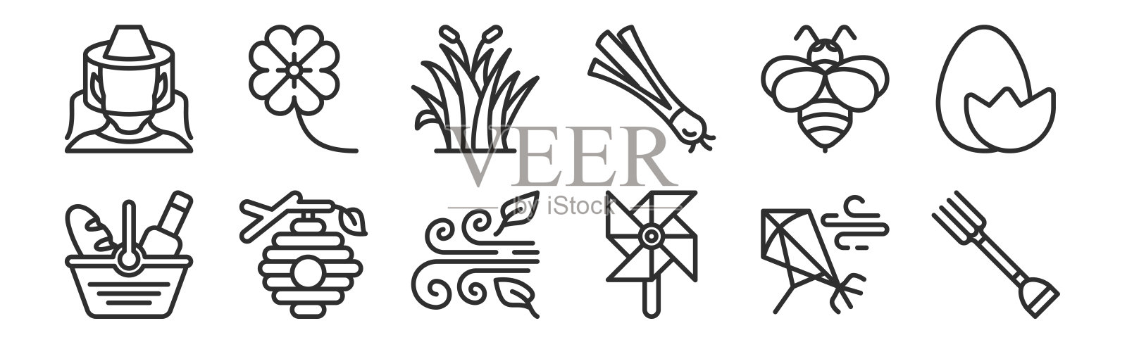 一组12细轮廓图标，如叉，风车，蜂箱，蜜蜂，草，花为网络，移动插画图片素材
