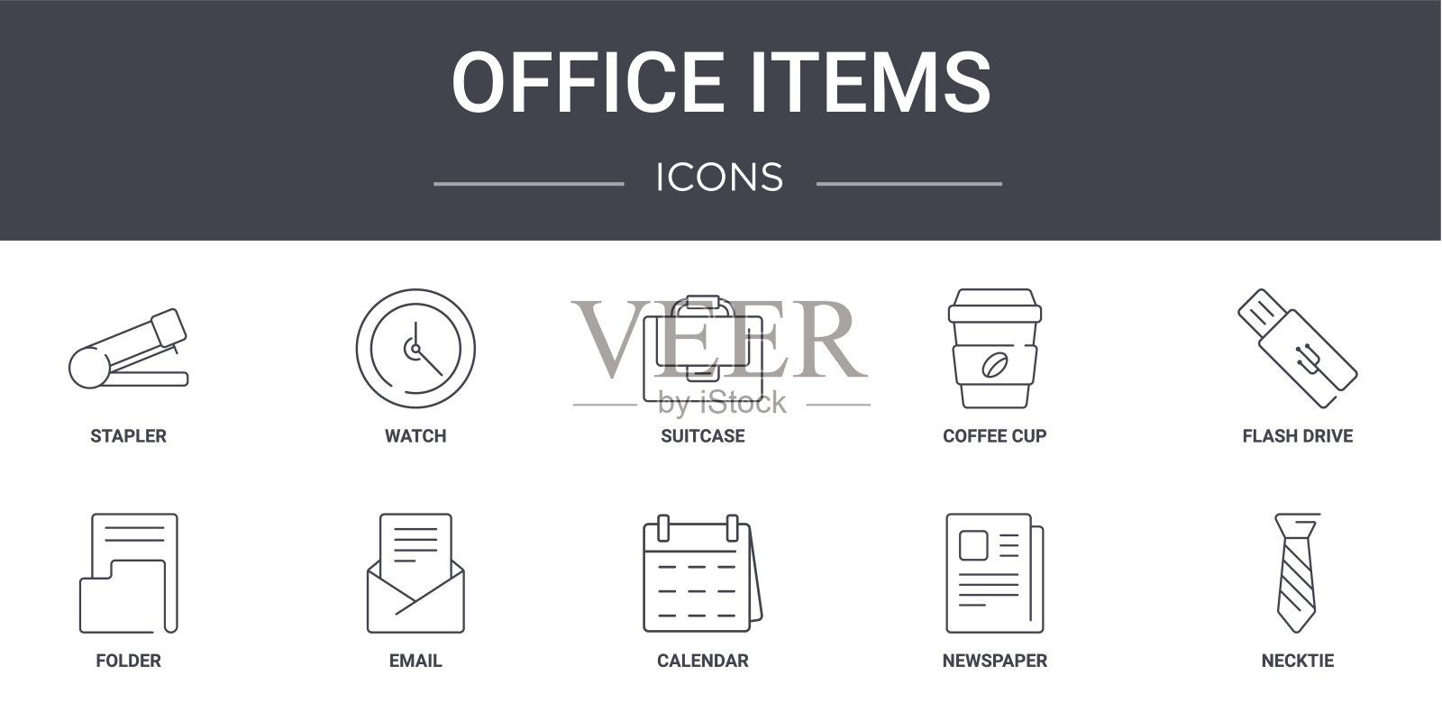 办公项目概念线图标集。包含图标，可用于web, logo, ui/ux，如手表，咖啡杯，文件夹，日历，报纸，领带，闪存驱动器，手提箱图标素材