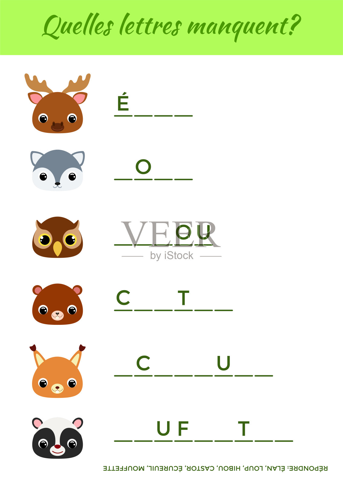 哪些《manquent吗?-少了什么字母?完成单词。儿童与可爱的动物配对的教育游戏。学习法语的教育活动页面。矢量插图。插画图片素材