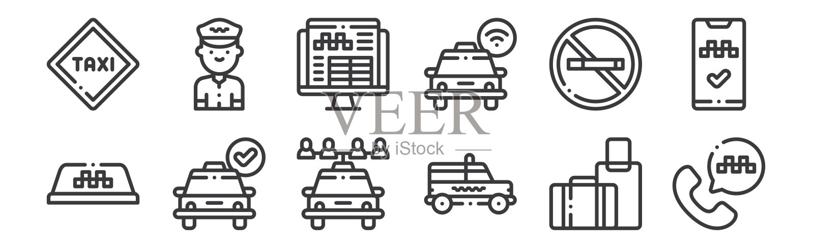 12套线性的士服务图标。瘦轮廓图标，如呼叫，出租车，出租车，禁止吸烟，预订，出租车司机为网络，移动。图标素材