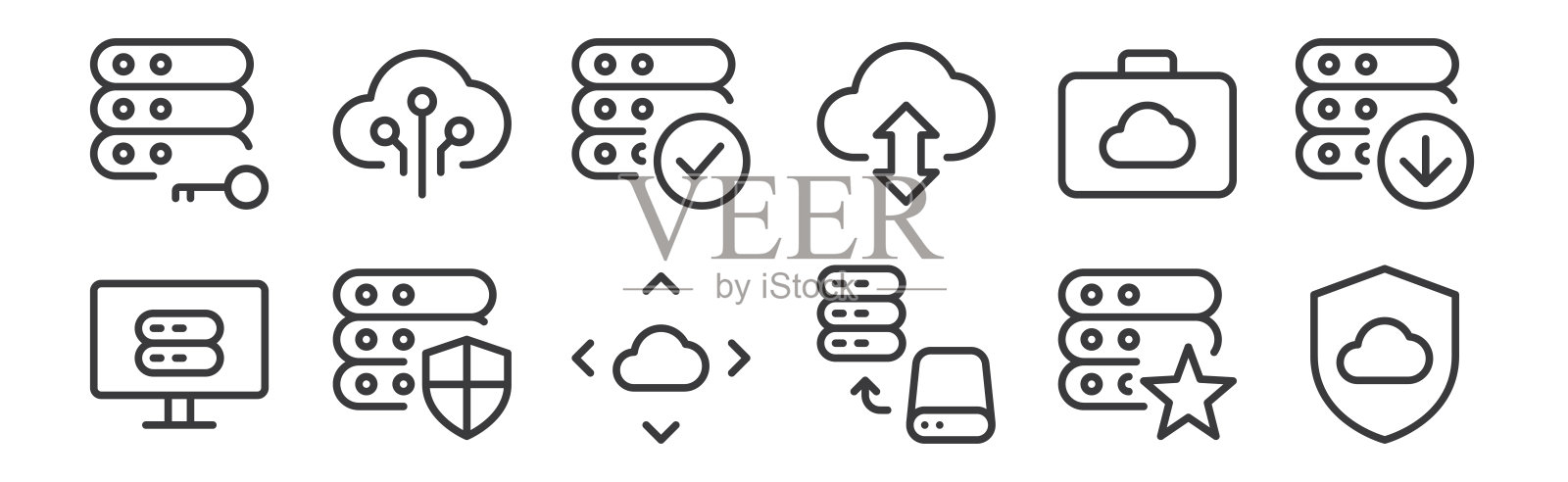 12组线性办公服务器图标。薄轮廓图标，如安全，存储设备，保护，手提箱，验证，网络连接，移动。图标素材