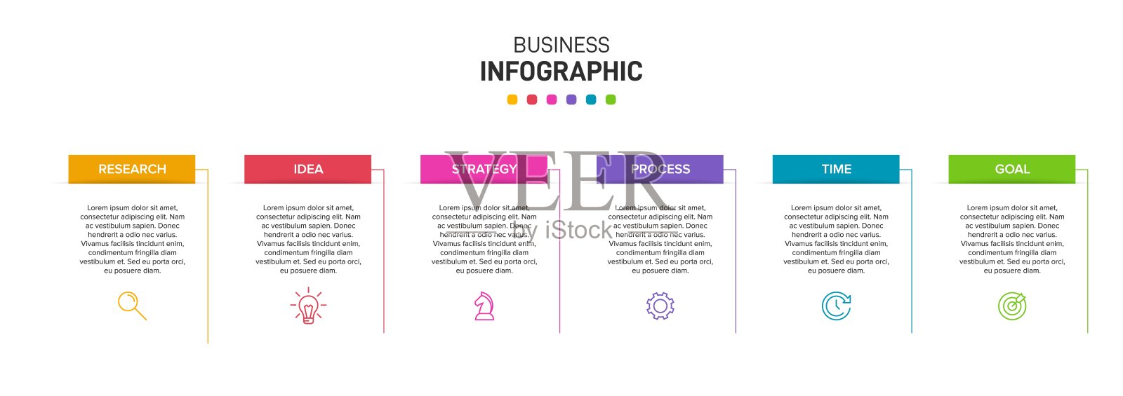 带有6个连续等距步骤的箭头业务模型的概念。六种彩色图形元素。宣传册、演示的时间线设计。信息图表设计布局插画图片素材