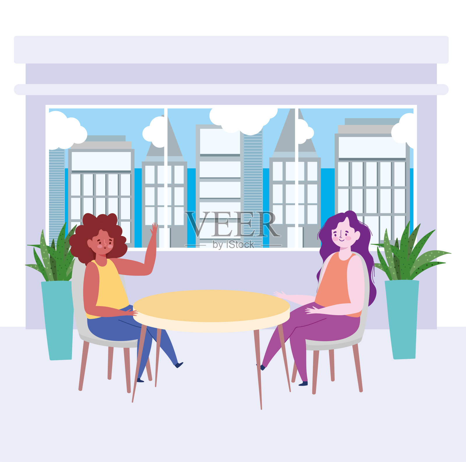 餐厅社交距离，两名女性在新常态下交谈，新冠肺炎插画图片素材