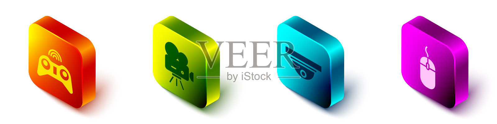 设置等距无线手柄，复古影院摄像机，运动传感器和电脑鼠标图标。向量图标素材