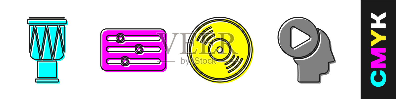 设置鼓，混音控制器，黑胶盘和头的人与播放按钮图标。向量图标素材