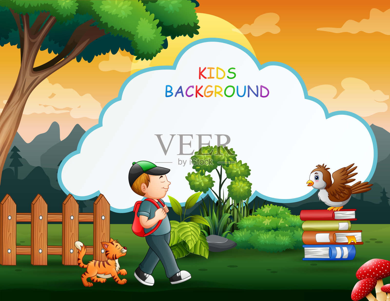 孩子背景与小男孩与他的宠物散步插画图片素材