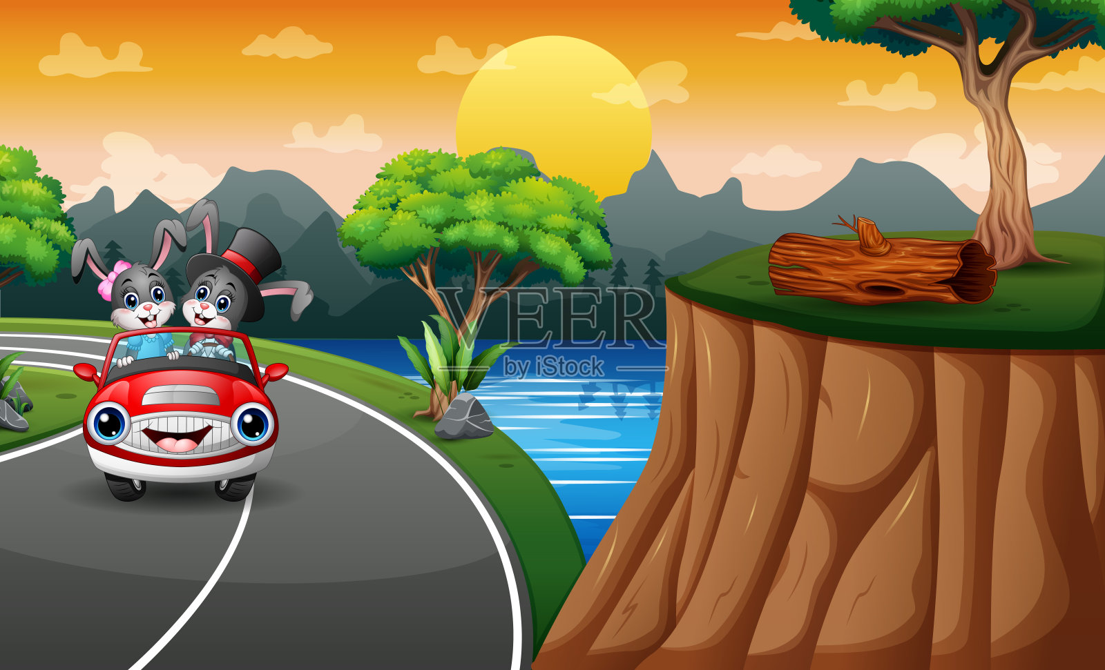卡通兔子在路上骑着一辆汽车插画图片素材