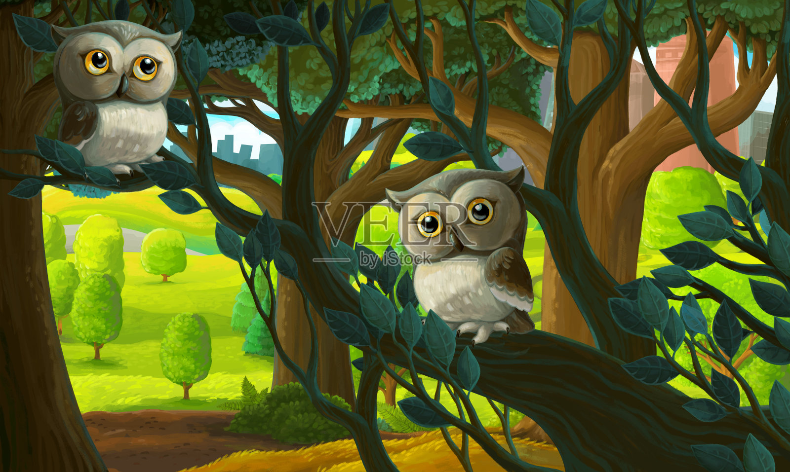 卡通场景在城市外的公园，树上有猫头鹰的插图插画图片素材