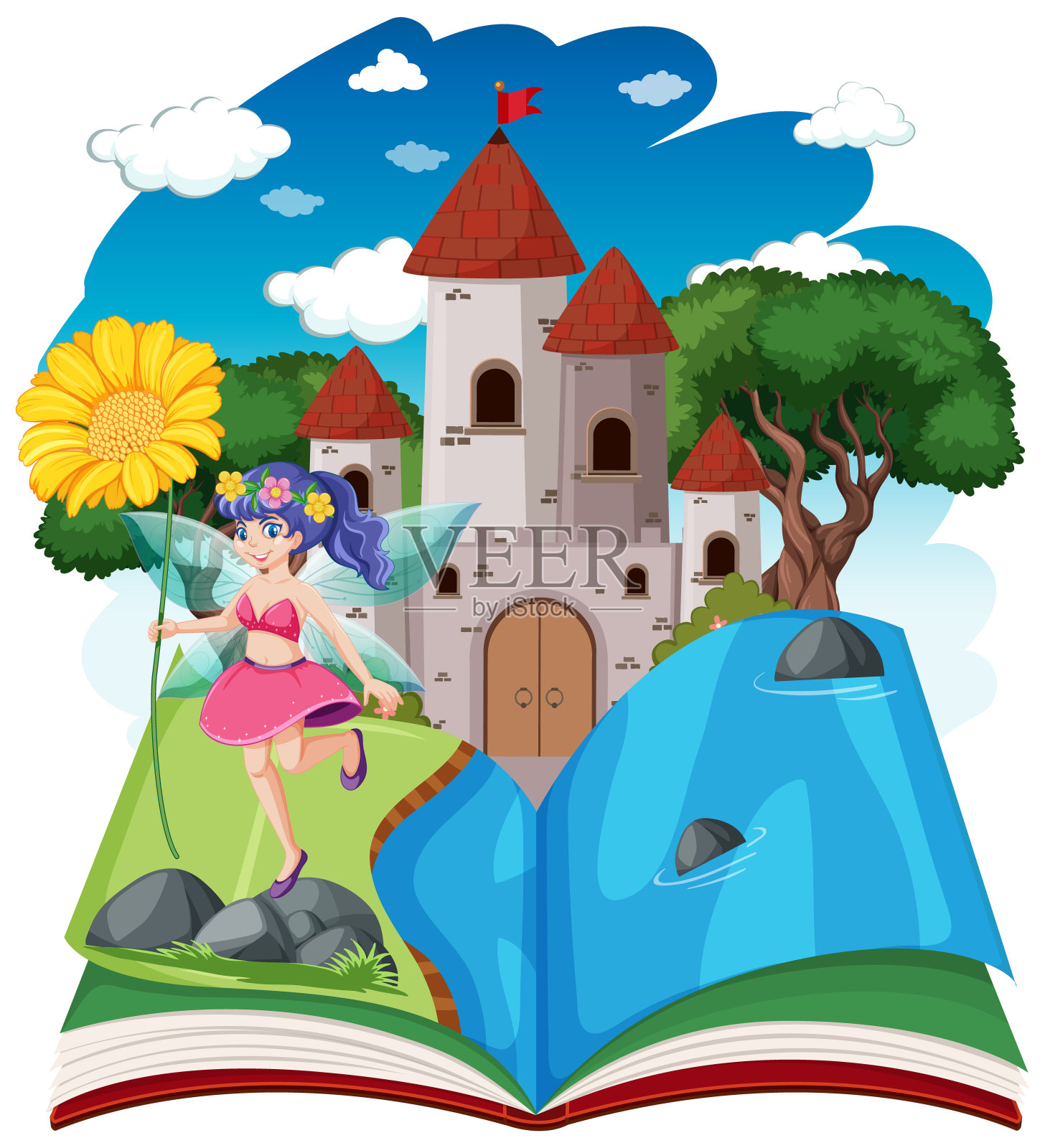 童话和城堡塔上弹出书卡通风格的白色背景插画图片素材