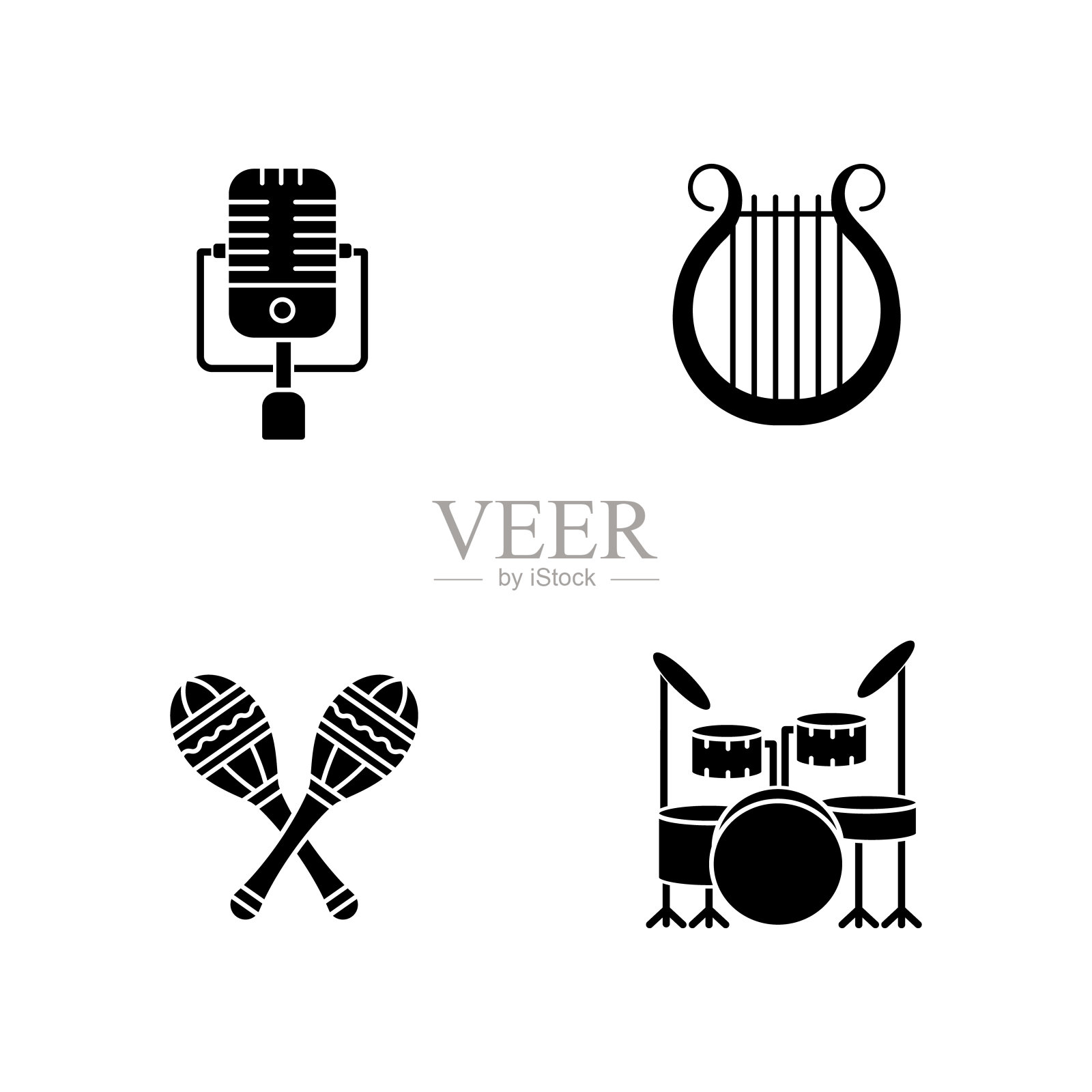 乐队乐器黑色象形文字图标设置在空白图标素材