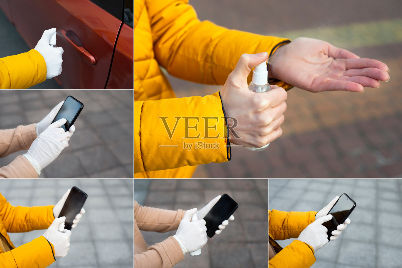 冠状病毒大流行传播预防措施拼贴概念。照片摄影图片