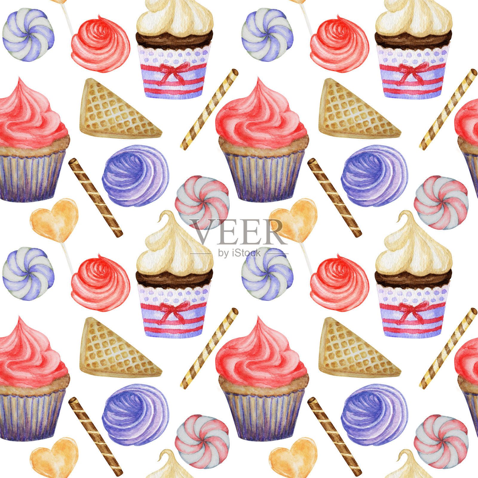 水彩无缝模式。奶油甜点，饼干，华夫饼，蛋糕，纸杯蛋糕，浆果。手绘美食插图在白色的背景。面料纹理设计理念插画图片素材