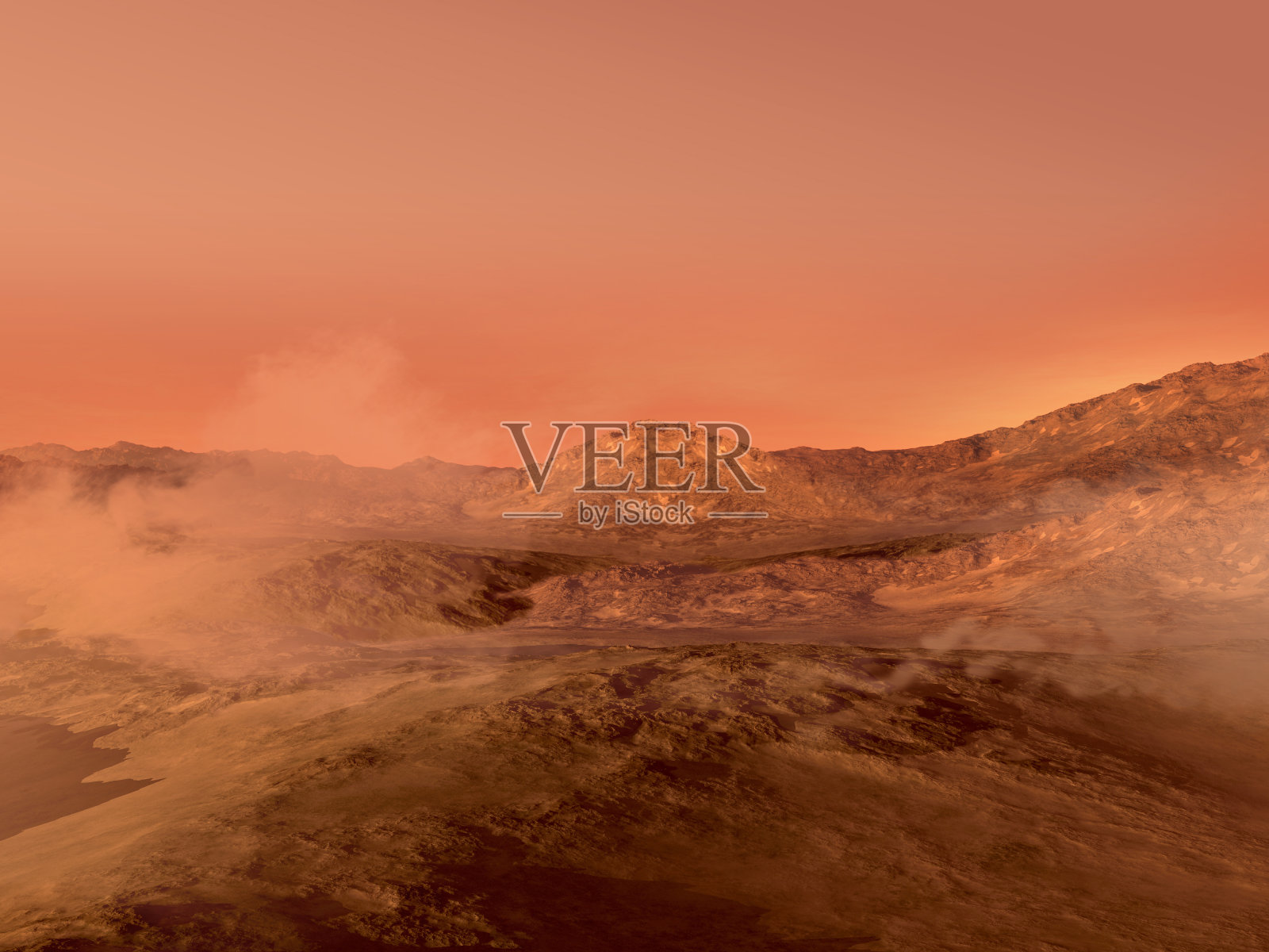 火星的红色岩石地形和雾照片摄影图片