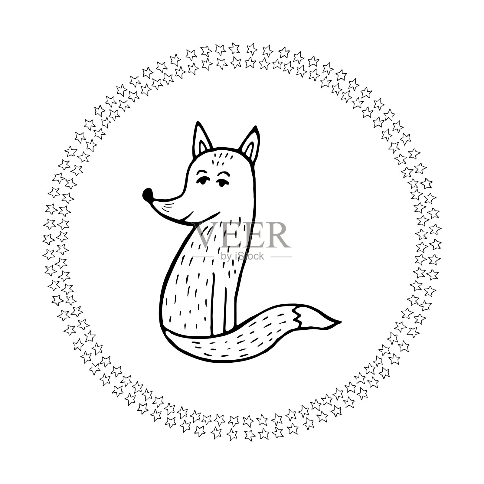 可爱的曼荼罗与星星和狐狸的背景。手绘矢量插图着色页和为成人和孩子的艺术书和设计。设计元素图片