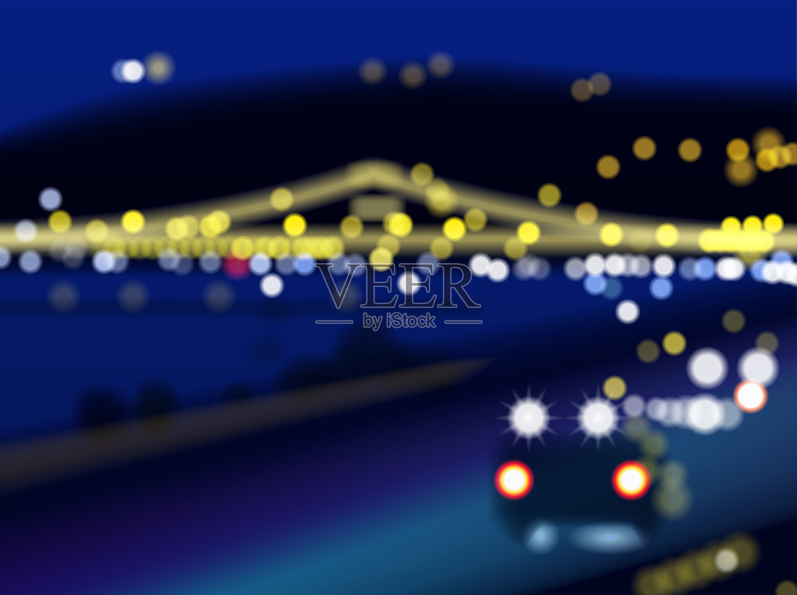夜城矢量背景。模糊的灯光，交通和照明的桥梁插画图片素材