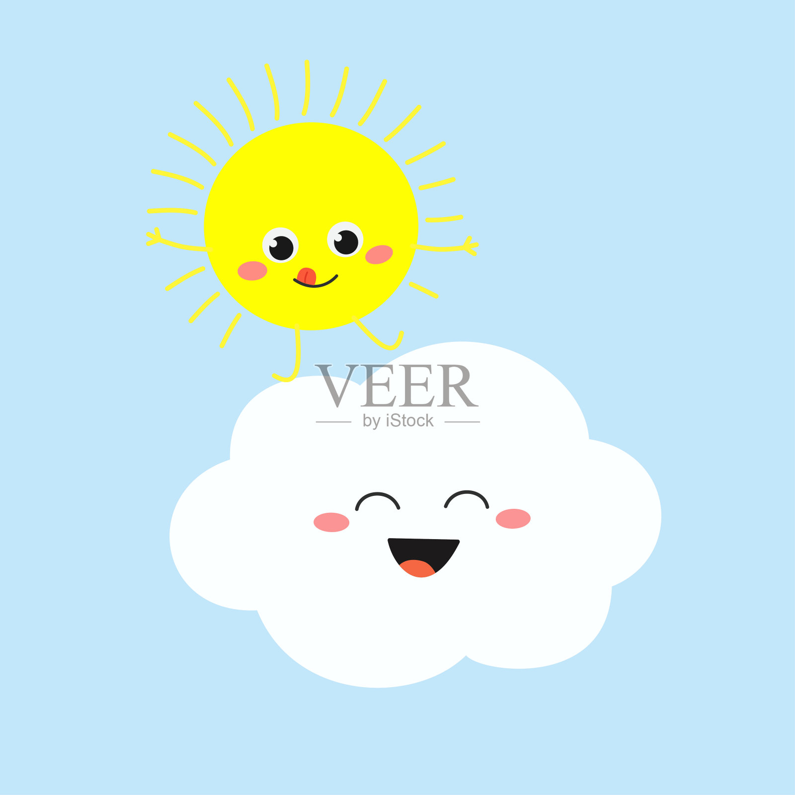 滑稽的卡通太阳站在笑云上插画图片素材