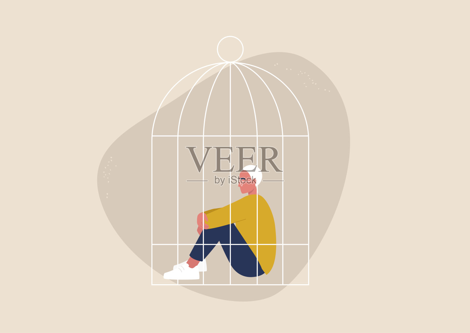 家庭暴力，隔离禁闭，沮丧和绝望，年轻的男性角色坐在鸟笼里插画图片素材