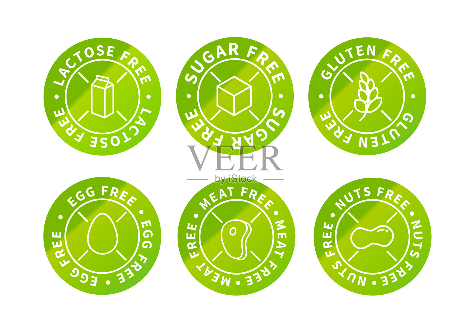 一套简单的亮绿色生态图标，无乳糖，无糖，无坚果，无蛋，无肉，无麸质的白色插画图片素材