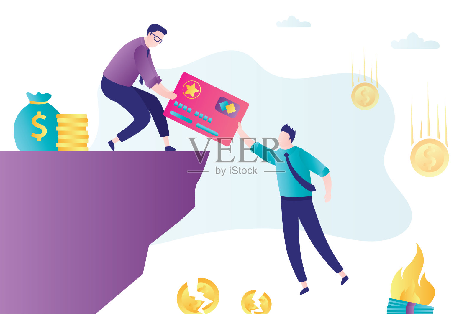 银行代理给商人信用卡。债务重组，银行职员将挽救客户。破产，没有钱。全球经济衰退。插画图片素材