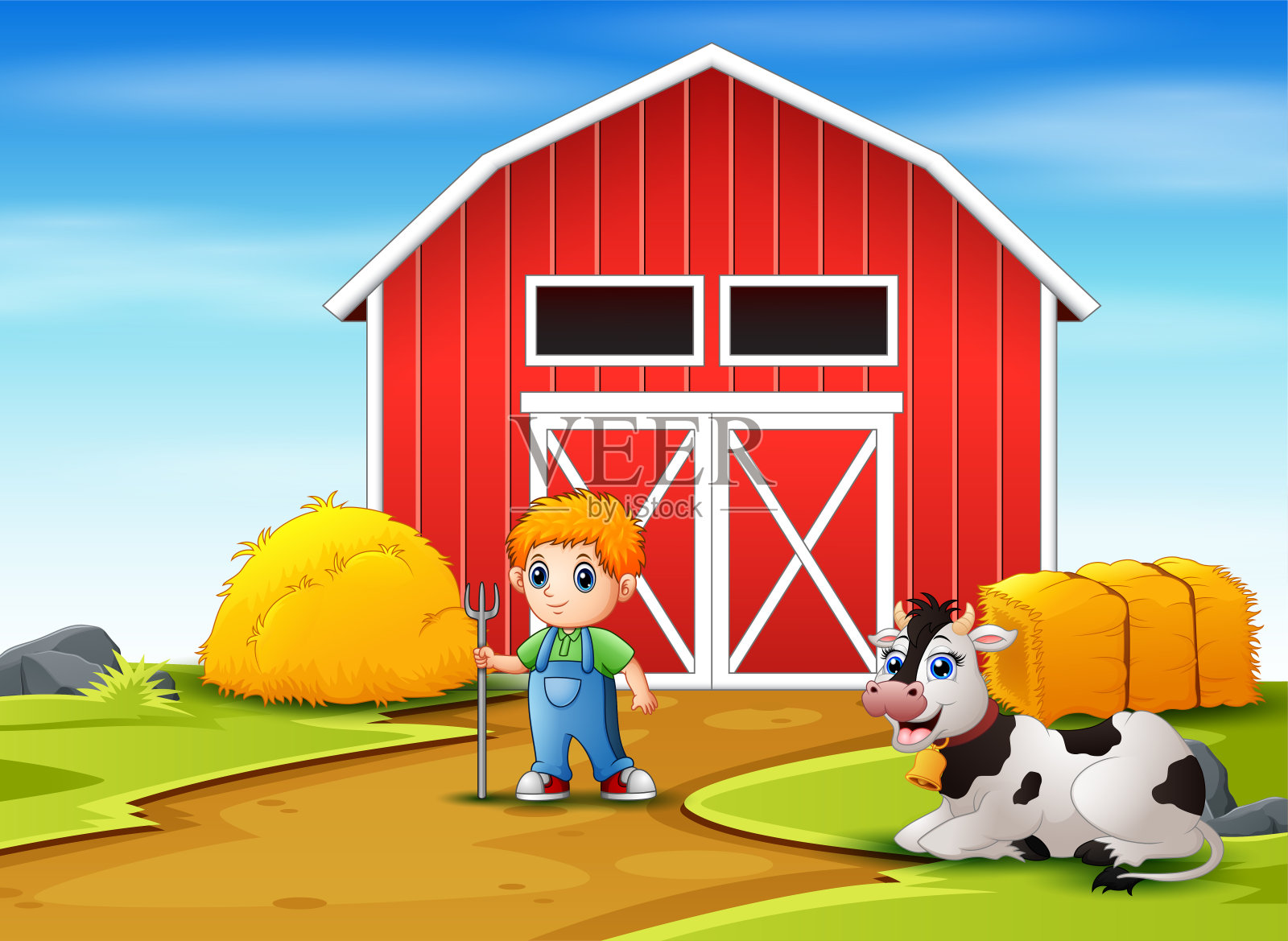 快乐的小农夫和奶牛在农场里插画图片素材