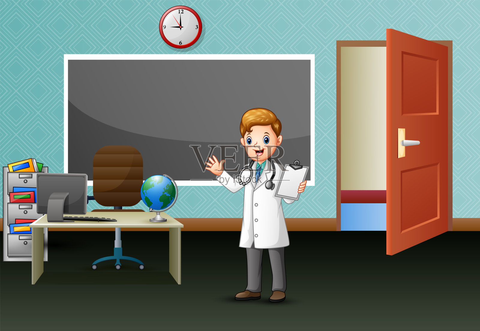一个男医生在办公室里插画图片素材