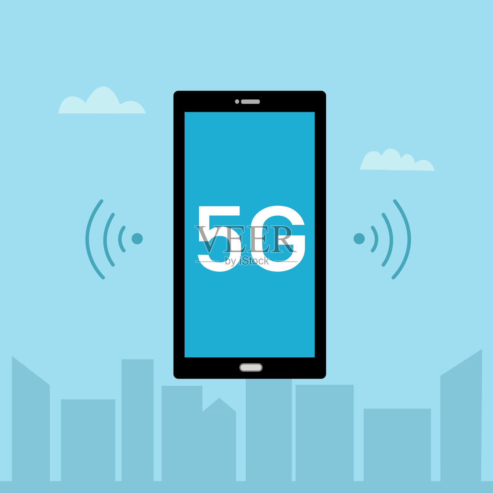 5G无线网络概念矢量图解。城市与城市的服务连接，物联网。高速连接平面设计。插画图片素材